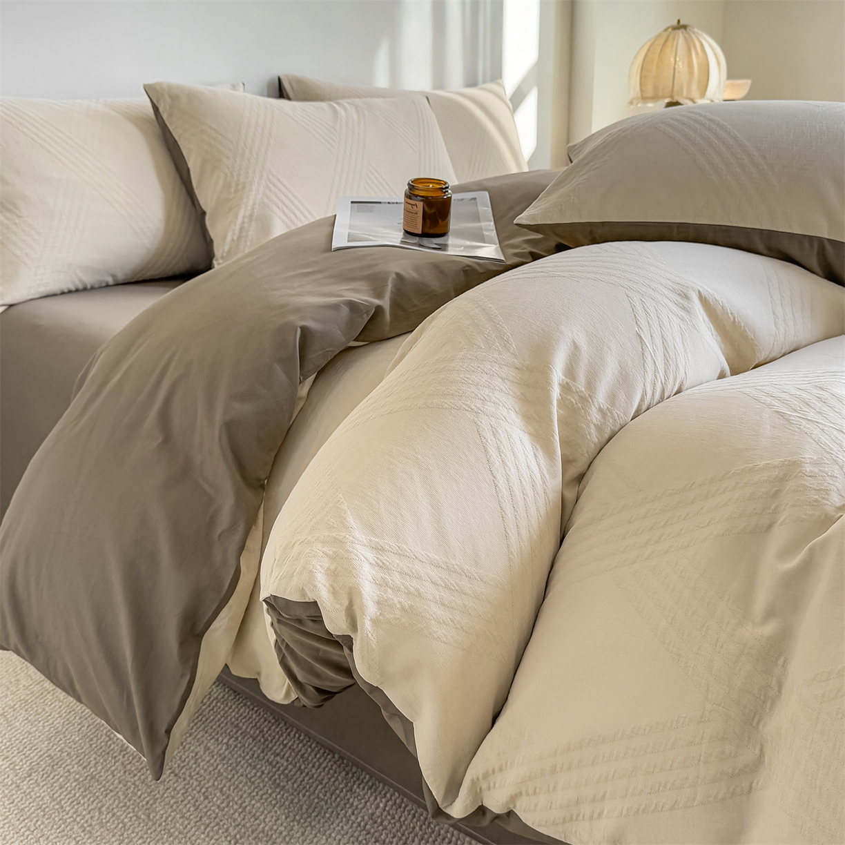 91家纺网 家纺一手货源 找家纺 灰鲸 2026新款全棉纯棉厚织三层水洗色织提花四件套 维希-可可奶咖