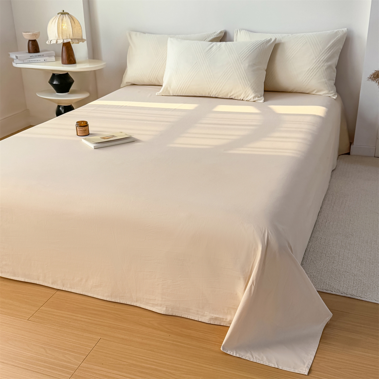 91家纺网 家纺一手货源 找家纺 灰鲸 2026新款全棉纯棉厚织三层水洗色织提花四件套 维希-杏仁奶霜