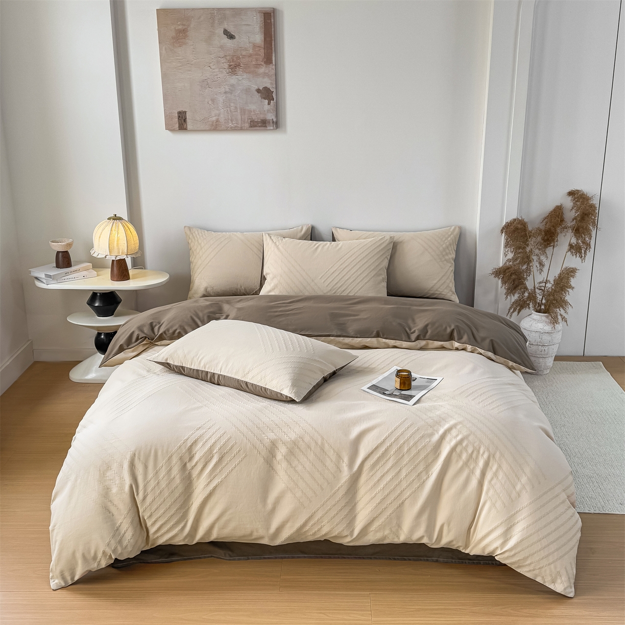 91家纺网 家纺一手货源 找家纺 灰鲸 2026新款全棉纯棉厚织三层水洗色织提花四件套 云汐-可可奶咖