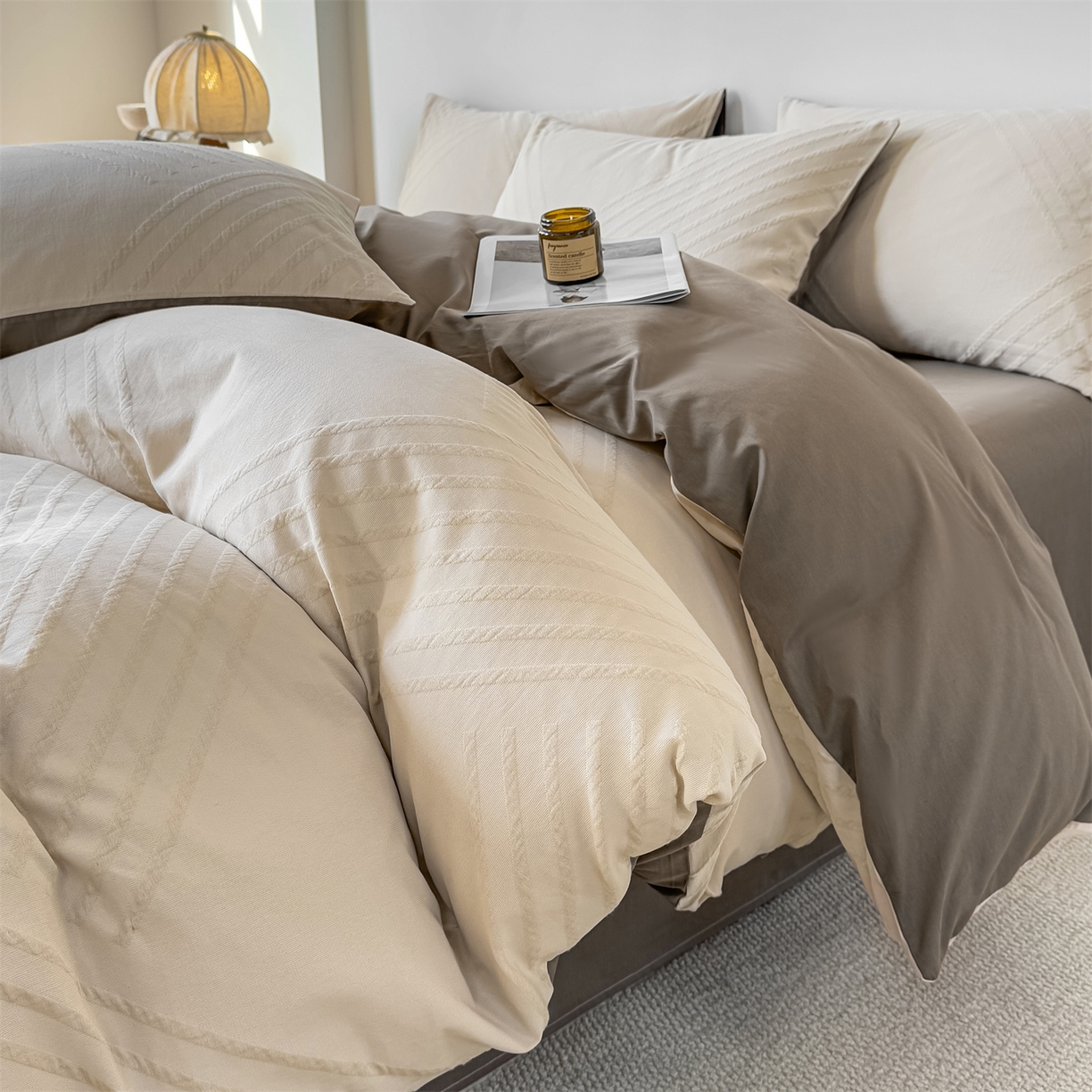 91家纺网 家纺一手货源 找家纺 灰鲸 2026新款全棉纯棉厚织三层水洗色织提花四件套 云汐-可可奶咖