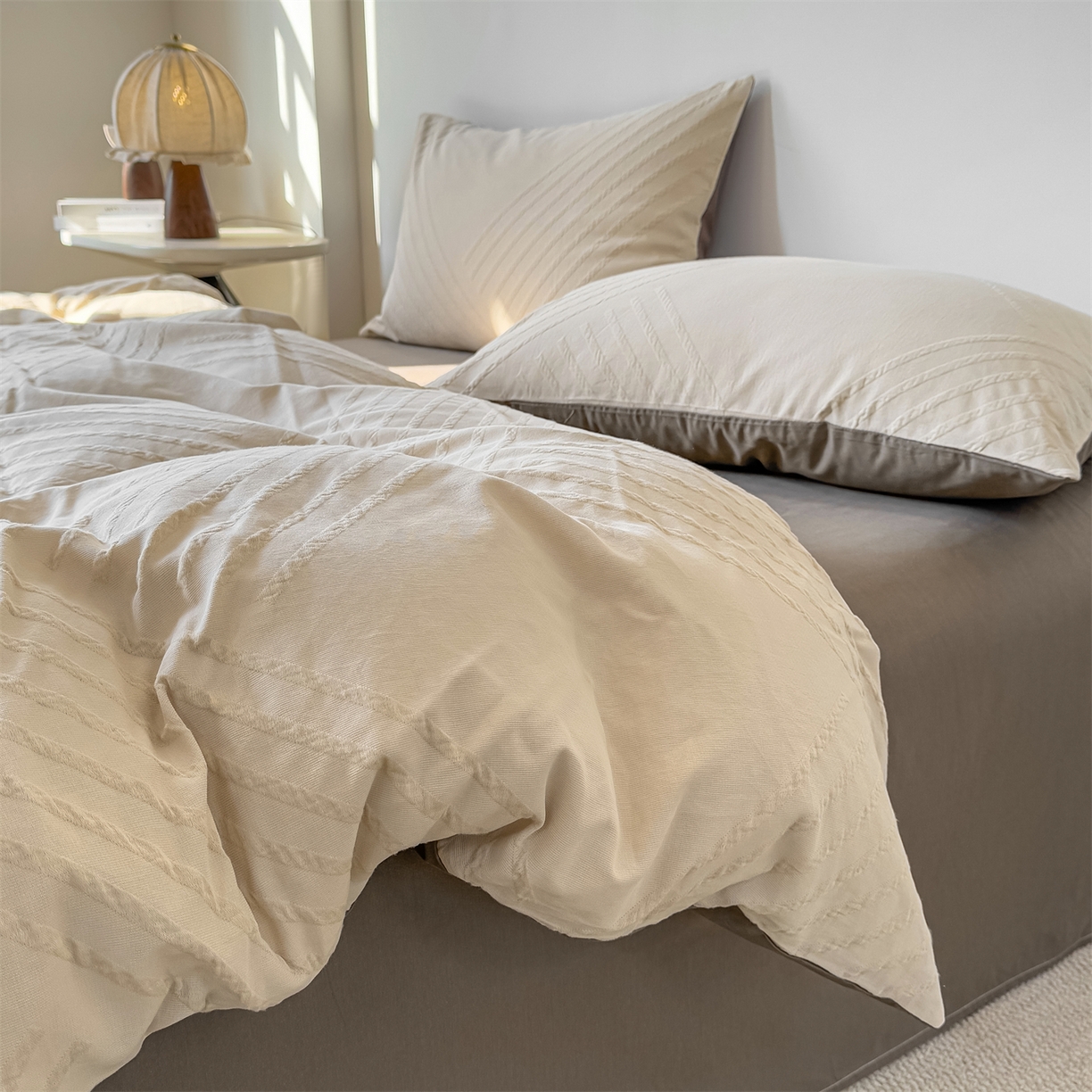 91家纺网 家纺一手货源 找家纺 灰鲸 2026新款全棉纯棉厚织三层水洗色织提花四件套 云汐-可可奶咖