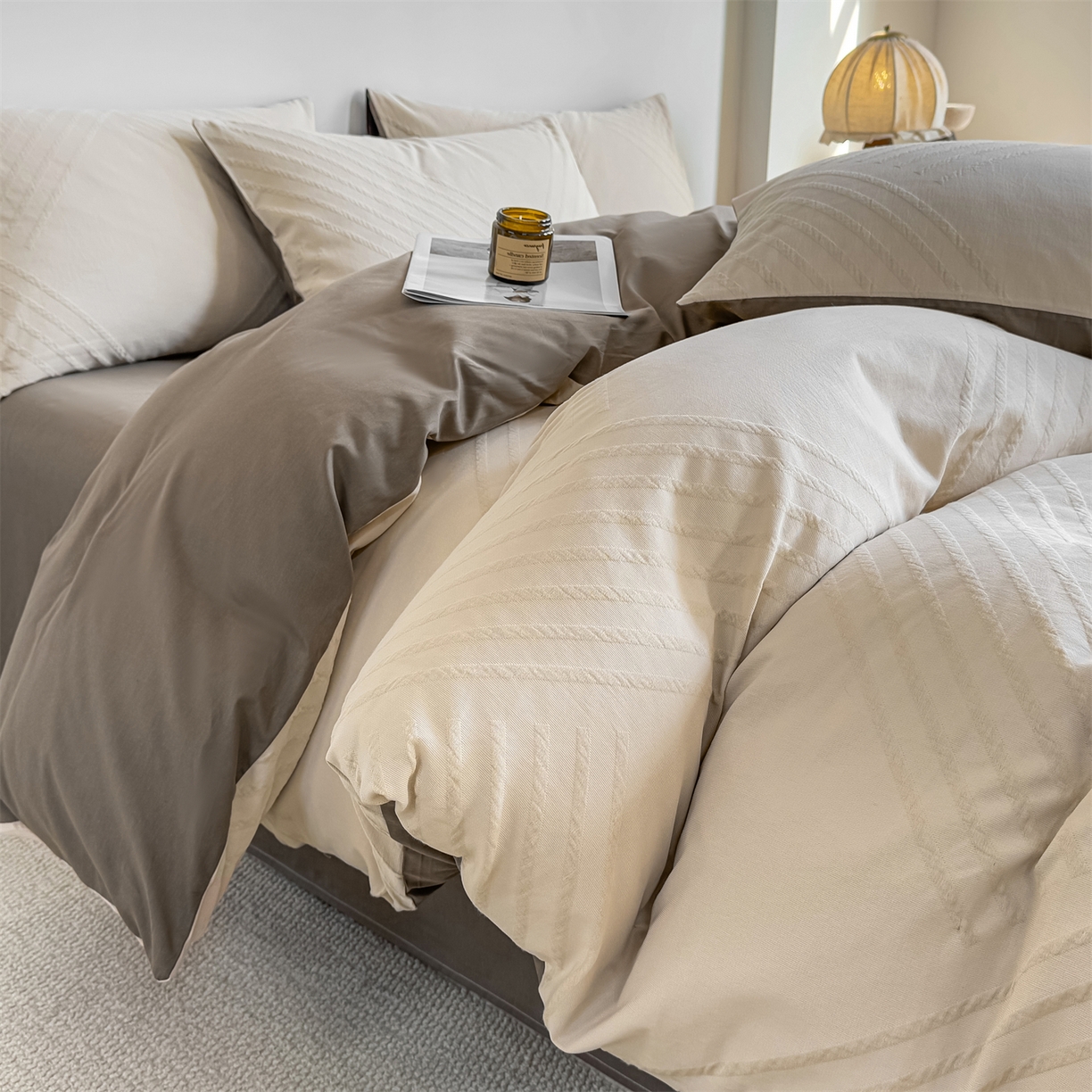 91家纺网 家纺一手货源 找家纺 灰鲸 2026新款全棉纯棉厚织三层水洗色织提花四件套 云汐-可可奶咖