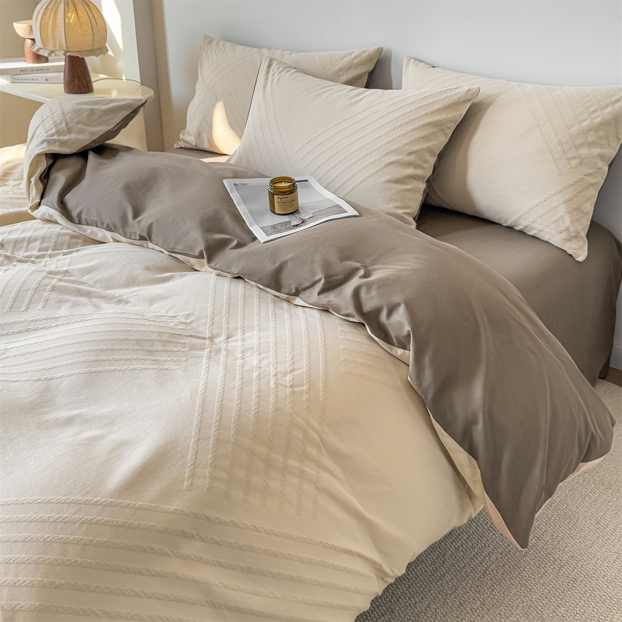 91家纺网 家纺一手货源 找家纺 灰鲸 2026新款全棉纯棉厚织三层水洗色织提花四件套 云汐-可可奶咖