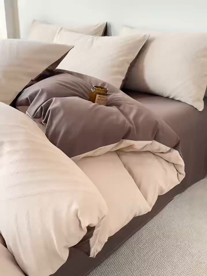 91家纺网 家纺一手货源 找家纺 灰鲸 2026新款全棉纯棉厚织三层水洗色织提花四件套 云汐-可可奶咖