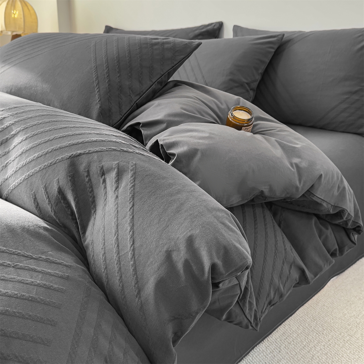 灰鲸 2026新款全棉纯棉厚织三层水洗色织提花四件套 云汐-素墨