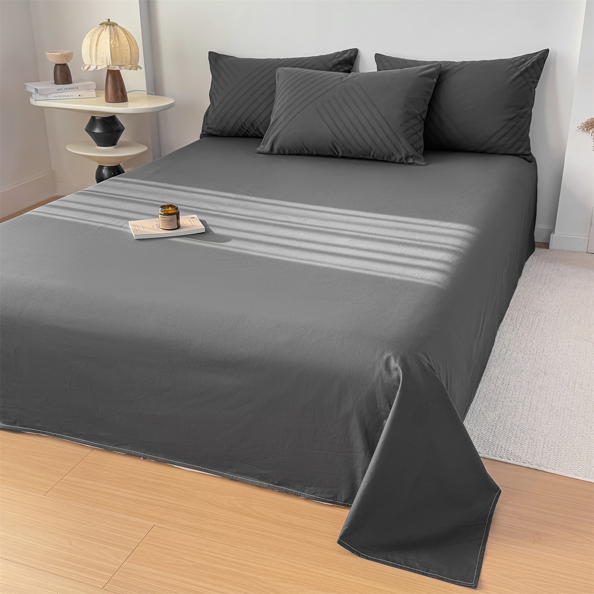 91家纺网 家纺一手货源 找家纺 灰鲸 2026新款全棉纯棉厚织三层水洗色织提花四件套 云汐-素墨