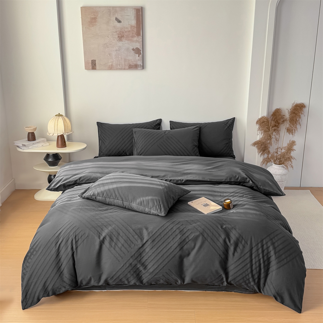 91家纺网 家纺一手货源 找家纺 灰鲸 2026新款全棉纯棉厚织三层水洗色织提花四件套 云汐-素墨