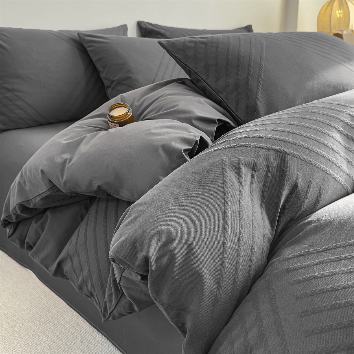 91家纺网 家纺一手货源 找家纺 灰鲸 2026新款全棉纯棉厚织三层水洗色织提花四件套 云汐-素墨