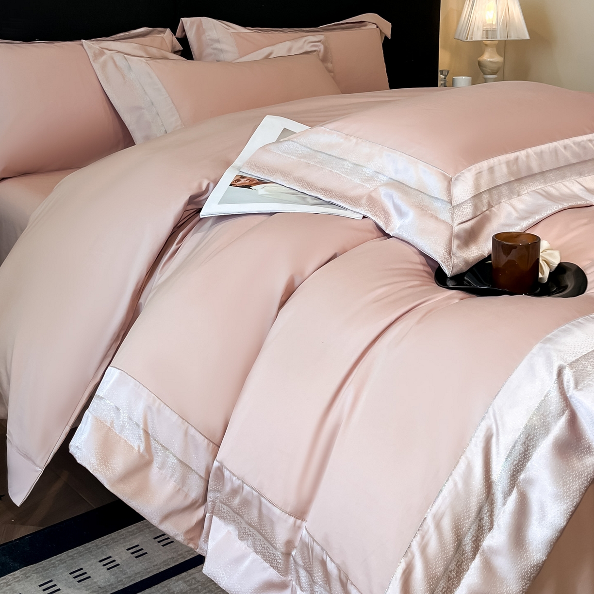 91家纺网 家纺一手货源 找家纺 博纳家纺 2026新款亲肤棉高精密色织提花四件套-海棠（控价劵后198 严格按控价来） 海棠-粉玉