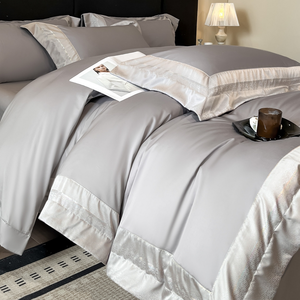 91家纺网 家纺一手货源 找家纺 博纳家纺 2026新款亲肤棉高精密色织提花四件套-海棠（控价劵后198 严格按控价来） 海棠-浅灰