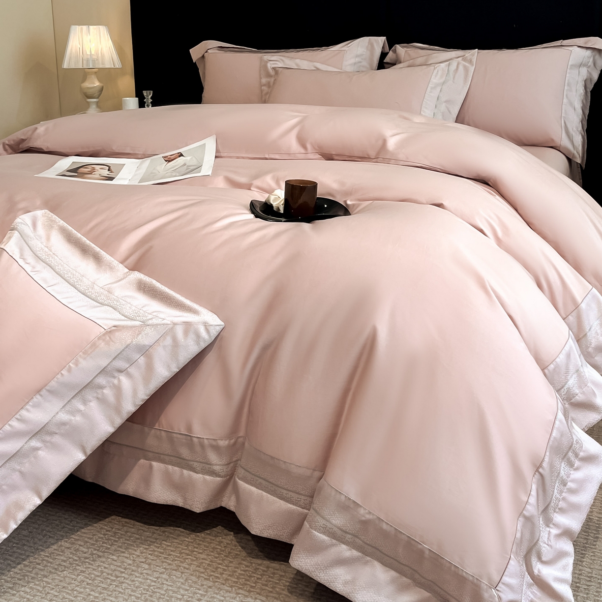 91家纺网 家纺一手货源 找家纺 博纳家纺 2026新款亲肤棉高精密色织提花四件套-海棠（控价劵后198 严格按控价来） 海棠-粉玉