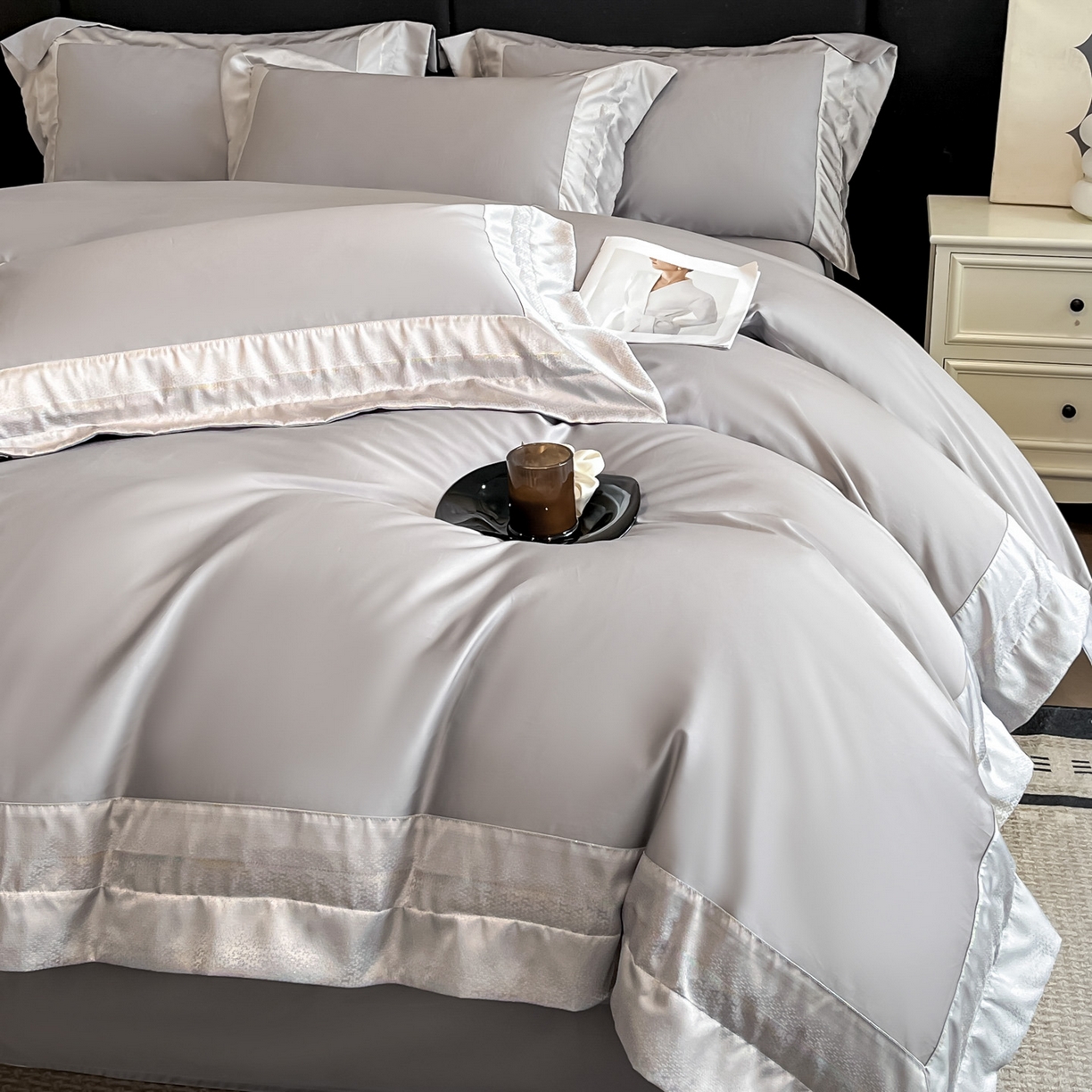 91家纺网 家纺一手货源 找家纺 博纳家纺 2026新款亲肤棉高精密色织提花四件套-海棠（控价劵后198 严格按控价来） 海棠-浅灰