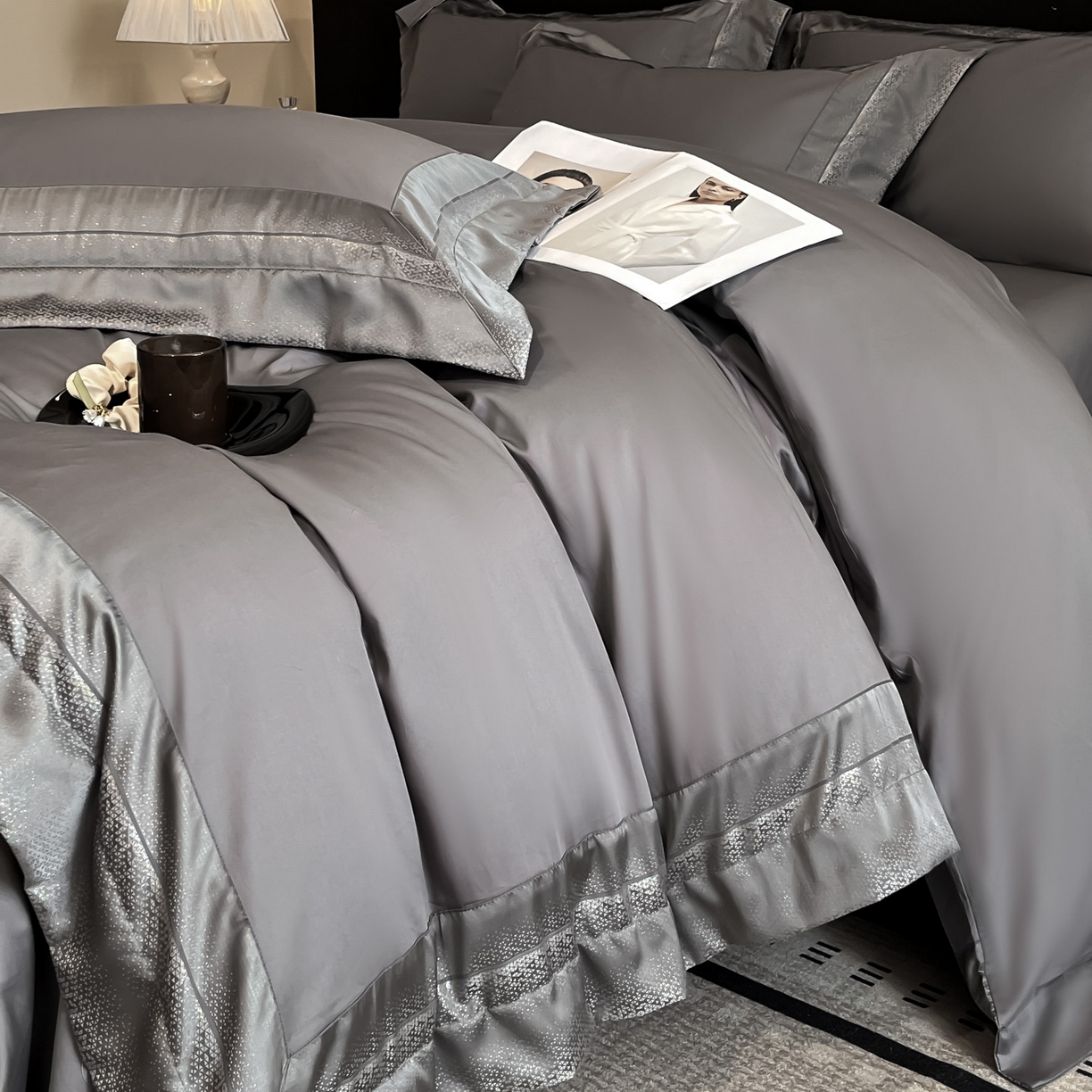 91家纺网 家纺一手货源 找家纺 博纳家纺 2026新款亲肤棉高精密色织提花四件套-海棠（控价劵后198 严格按控价来） 海棠-绅士灰