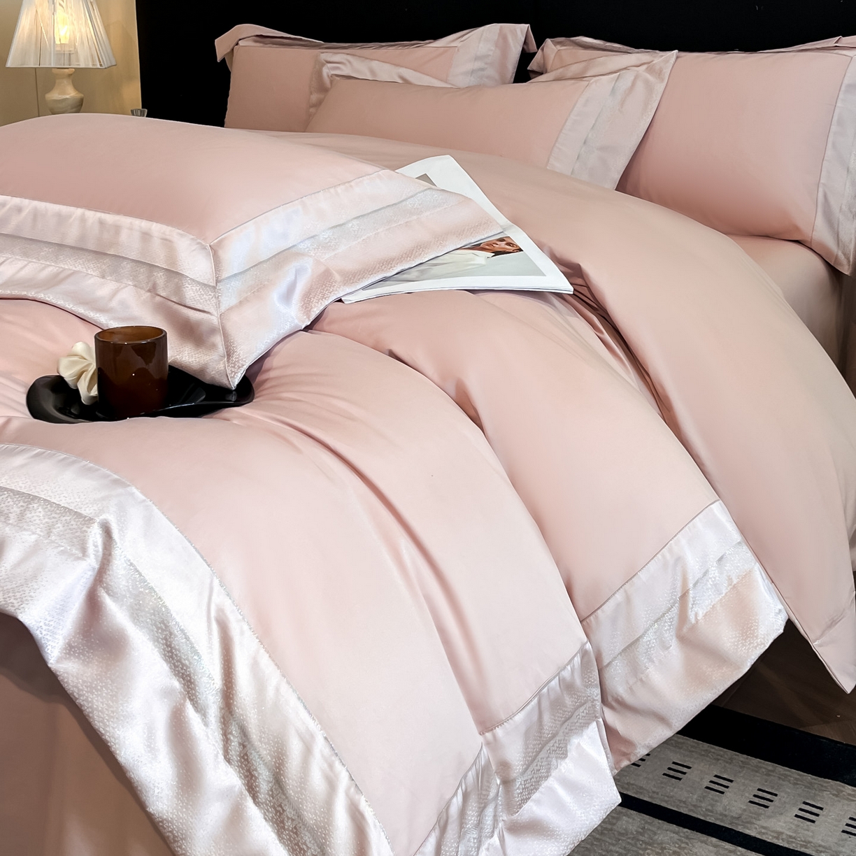 91家纺网 家纺一手货源 找家纺 博纳家纺 2026新款亲肤棉高精密色织提花四件套-海棠（控价劵后198 严格按控价来） 海棠-粉玉