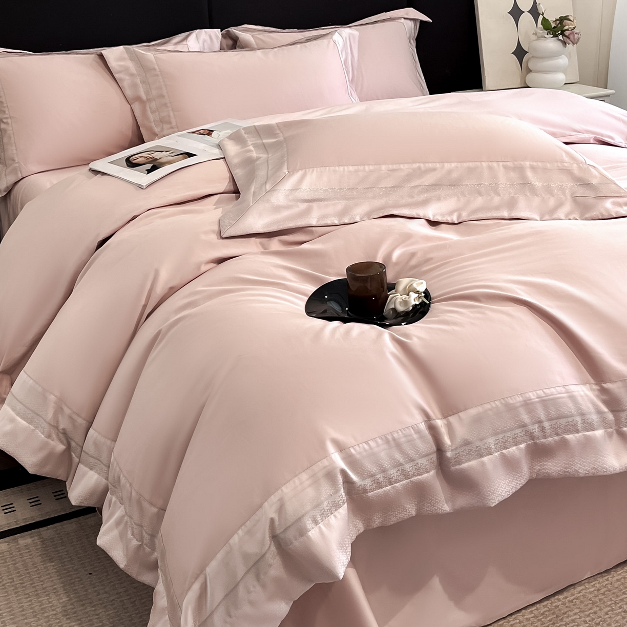 91家纺网 家纺一手货源 找家纺 博纳家纺 2026新款亲肤棉高精密色织提花四件套-海棠（控价劵后198 严格按控价来） 海棠-粉玉