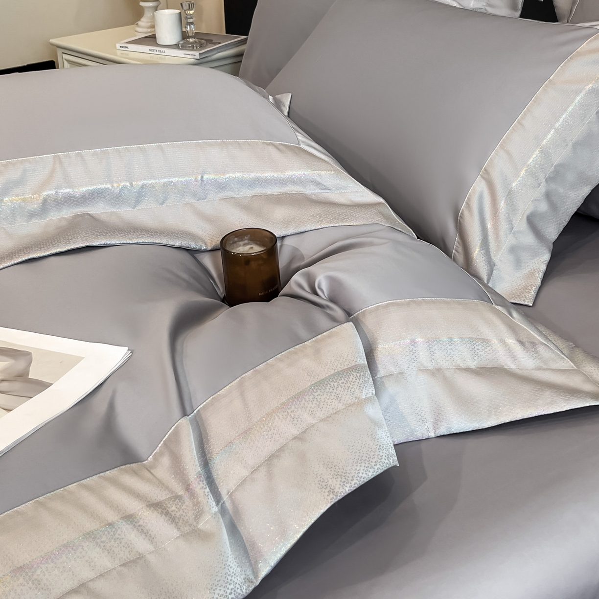 91家纺网 家纺一手货源 找家纺 博纳家纺 2026新款亲肤棉高精密色织提花四件套-海棠（控价劵后198 严格按控价来） 海棠-浅灰