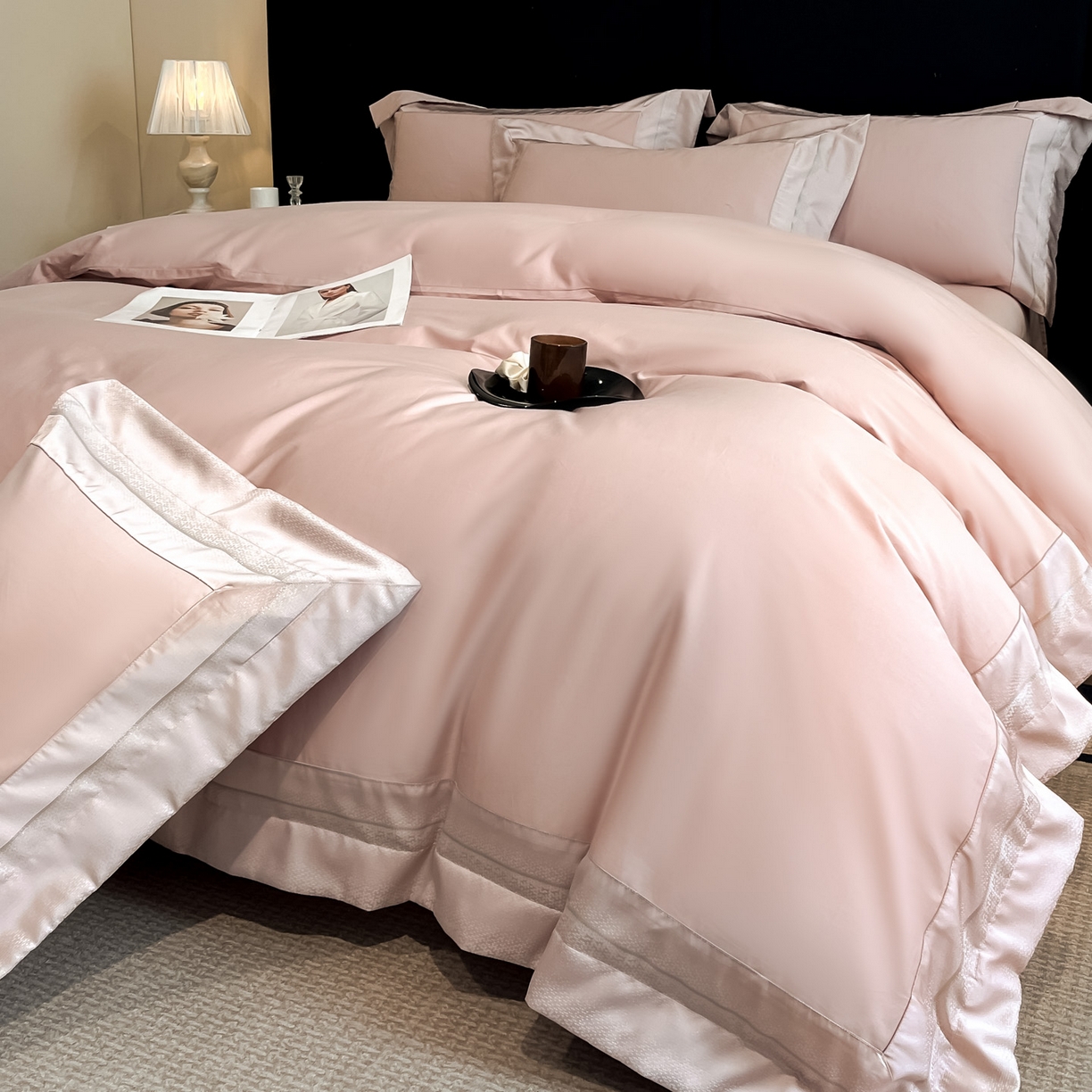 91家纺网 家纺一手货源 找家纺 博纳家纺 2026新款亲肤棉高精密色织提花四件套-海棠（控价劵后198 严格按控价来） 海棠-粉玉