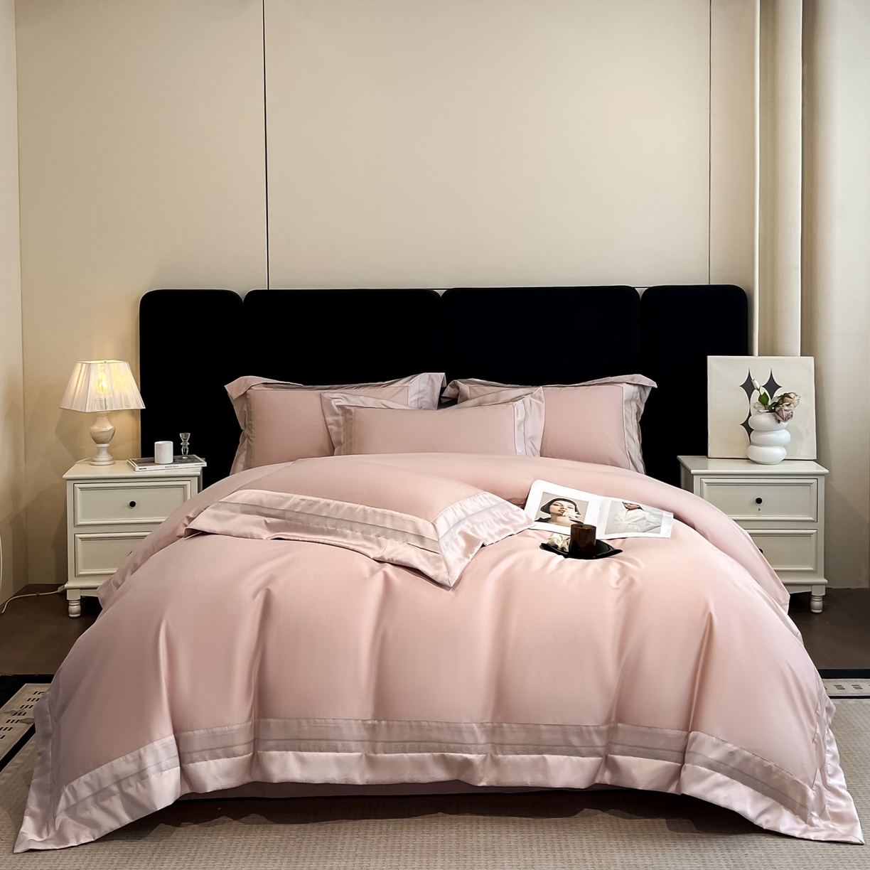 91家纺网 家纺一手货源 找家纺 博纳家纺 2026新款亲肤棉高精密色织提花四件套-海棠（控价劵后198 严格按控价来） 海棠-粉玉