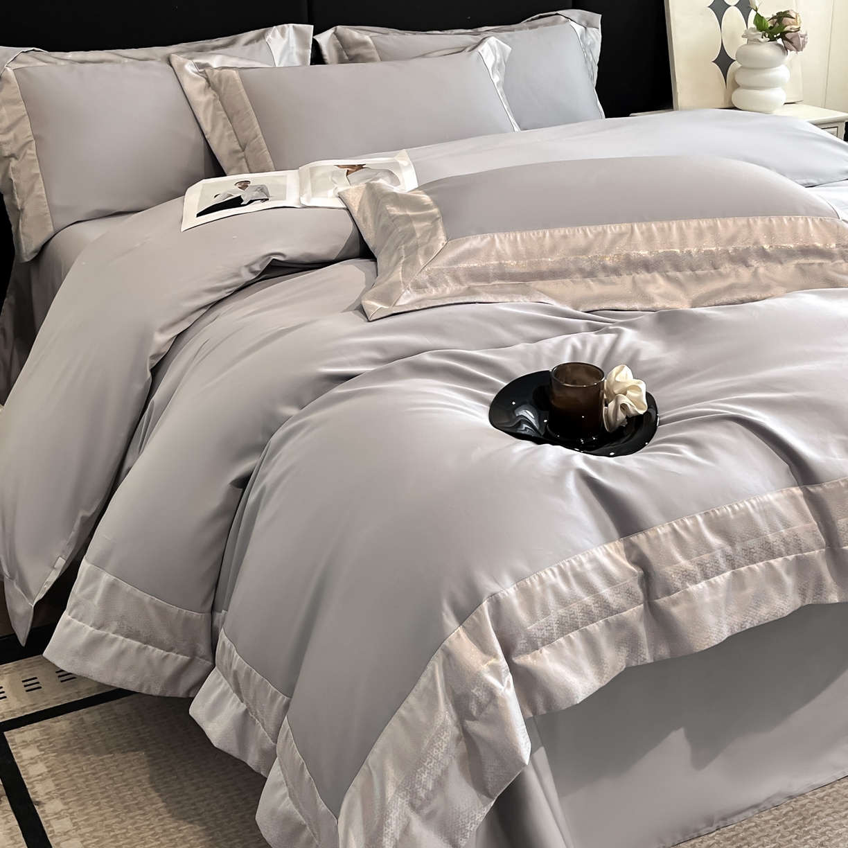 91家纺网 家纺一手货源 找家纺 博纳家纺 2026新款亲肤棉高精密色织提花四件套-海棠（控价劵后198 严格按控价来） 海棠-浅灰