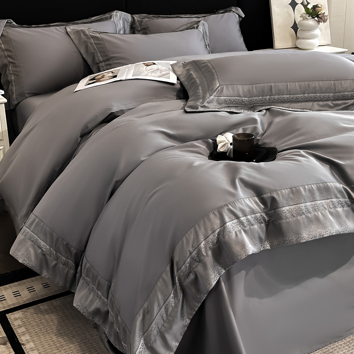 91家纺网 家纺一手货源 找家纺 博纳家纺 2026新款亲肤棉高精密色织提花四件套-海棠（控价劵后198 严格按控价来） 海棠-绅士灰