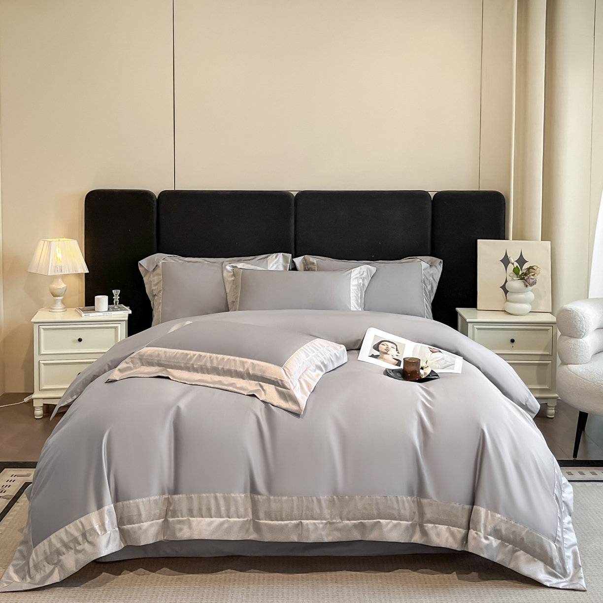 91家纺网 家纺一手货源 找家纺 博纳家纺 2026新款亲肤棉高精密色织提花四件套-海棠（控价劵后198 严格按控价来） 海棠-浅灰