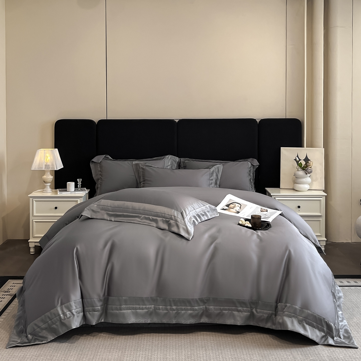 91家纺网 家纺一手货源 找家纺 博纳家纺 2026新款亲肤棉高精密色织提花四件套-海棠（控价劵后198 严格按控价来） 海棠-绅士灰