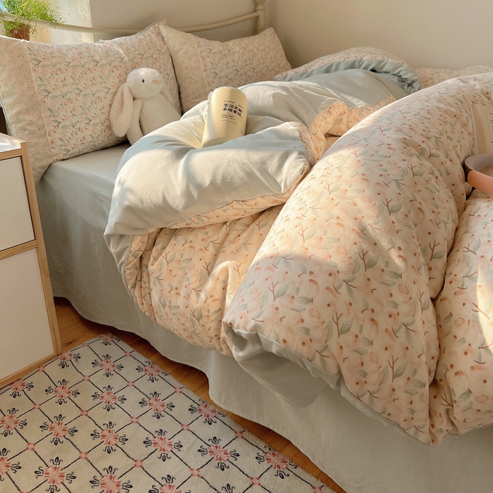 91家纺网 家纺一手货源 找家纺 慕澄家纺 2026新款双层纱针织棉蕾丝花边四件套 果实