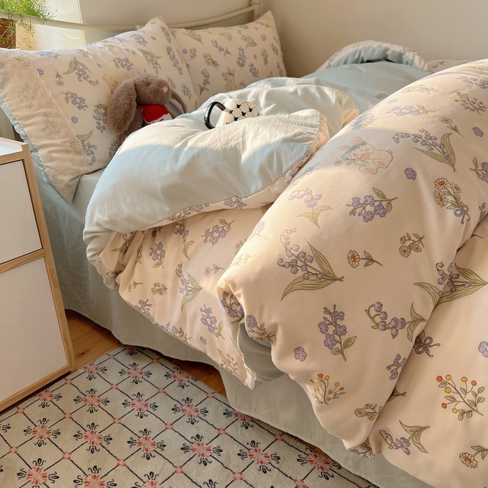 91家纺网 家纺一手货源 找家纺 慕澄家纺 2026新款双层纱针织棉蕾丝花边四件套 花环小兔