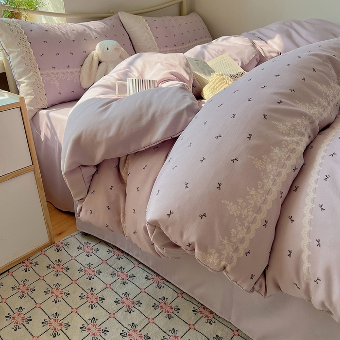 91家纺网 家纺一手货源 找家纺 慕澄家纺 2026新款双层纱针织棉蕾丝花边四件套 蕾丝蝴蝶结