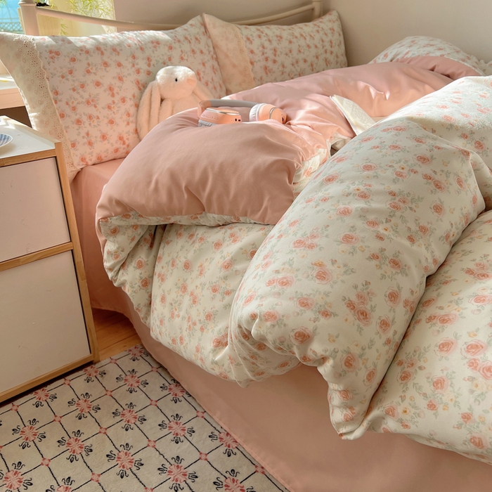 91家纺网 家纺一手货源 找家纺 慕澄家纺 2026新款双层纱针织棉蕾丝花边四件套 温婉