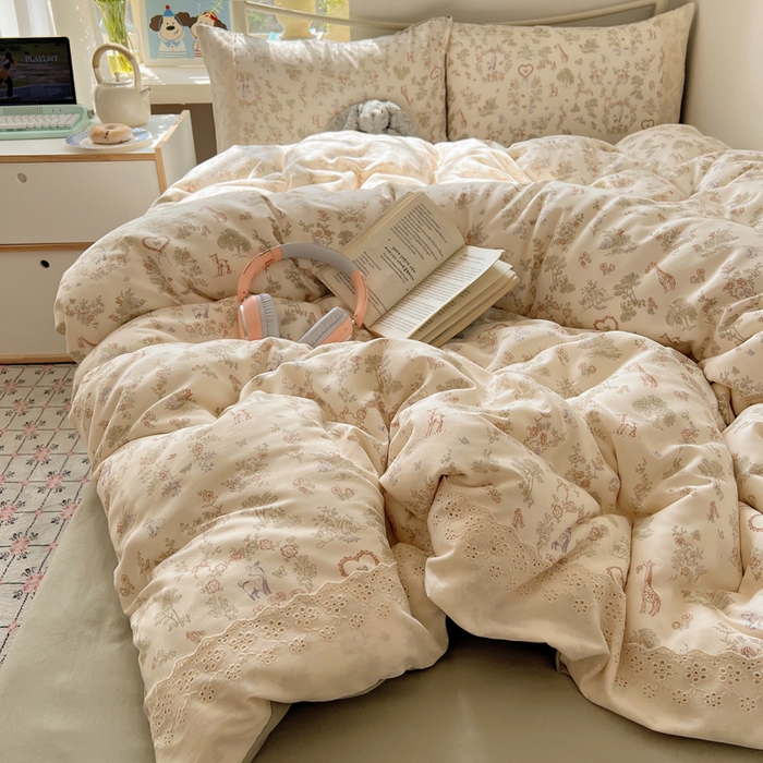 91家纺网 家纺一手货源 找家纺 慕澄家纺 2026新款双层纱针织棉蕾丝花边四件套 丛林小鹿