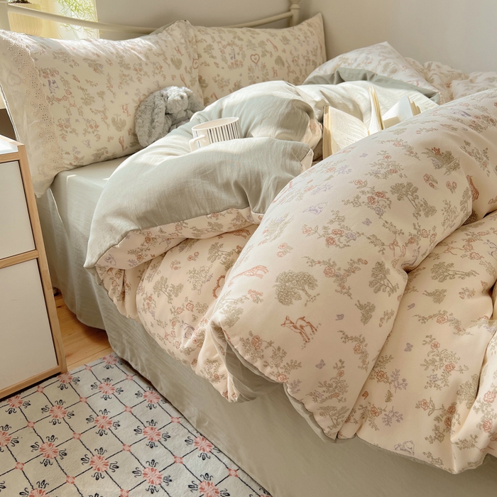 91家纺网 家纺一手货源 找家纺 慕澄家纺 2026新款双层纱针织棉蕾丝花边四件套 丛林小鹿