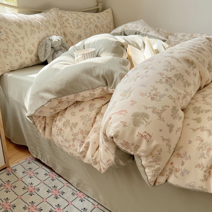 91家纺网 家纺一手货源 找家纺 慕澄家纺 2026新款双层纱针织棉蕾丝花边四件套 丛林小鹿