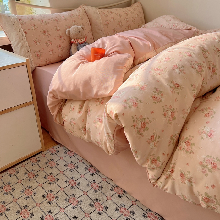 慕澄家纺 2026新款双层纱针织棉蕾丝花边四件套 粉色花园