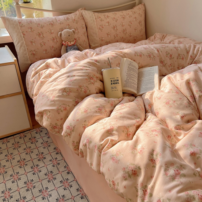 91家纺网 家纺一手货源 找家纺 慕澄家纺 2026新款双层纱针织棉蕾丝花边四件套 粉色花园