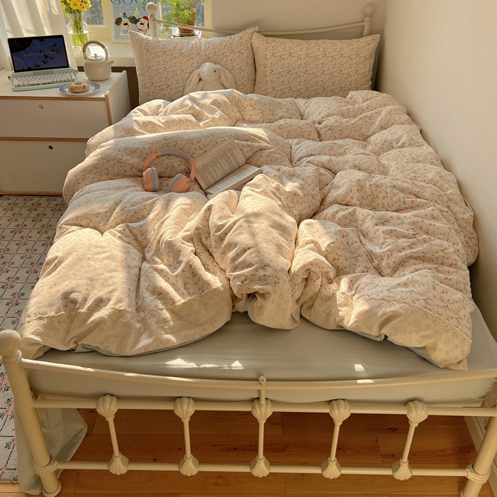 91家纺网 家纺一手货源 找家纺 慕澄家纺 2026新款双层纱针织棉蕾丝花边四件套 果实