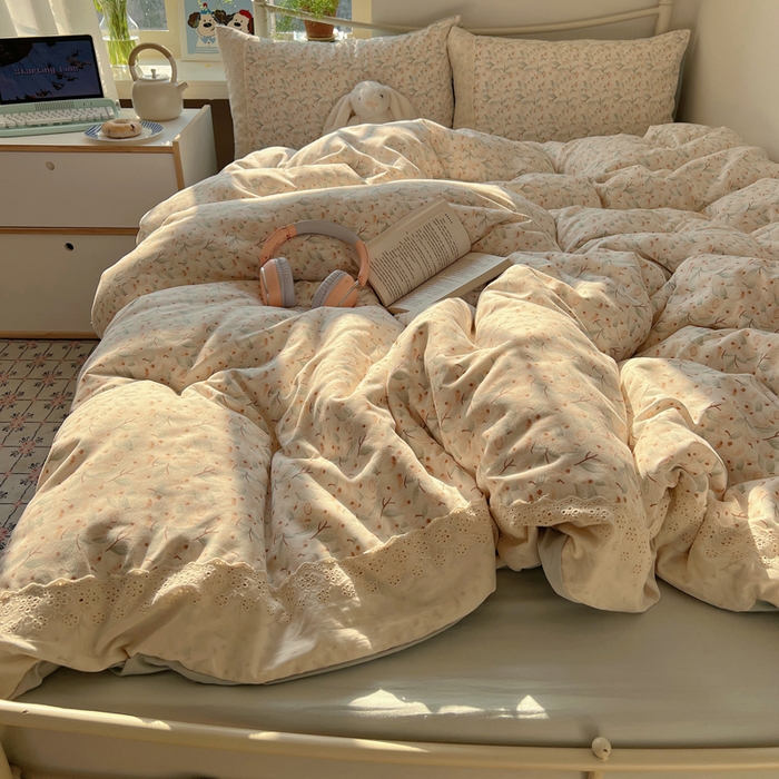 91家纺网 家纺一手货源 找家纺 慕澄家纺 2026新款双层纱针织棉蕾丝花边四件套 果实