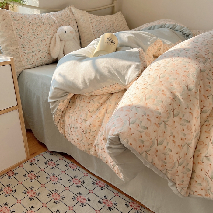 91家纺网 家纺一手货源 找家纺 慕澄家纺 2026新款双层纱针织棉蕾丝花边四件套 果实