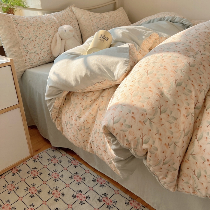 91家纺网 家纺一手货源 找家纺 慕澄家纺 2026新款双层纱针织棉蕾丝花边四件套 果实