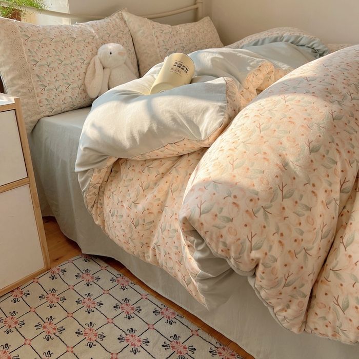 91家纺网 家纺一手货源 找家纺 慕澄家纺 2026新款双层纱针织棉蕾丝花边四件套 果实