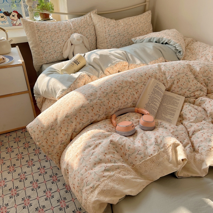 91家纺网 家纺一手货源 找家纺 慕澄家纺 2026新款双层纱针织棉蕾丝花边四件套 果实