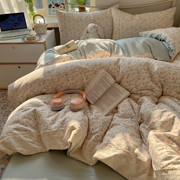 91家纺网 家纺一手货源 找家纺 慕澄家纺 2026新款双层纱针织棉蕾丝花边四件套 果实