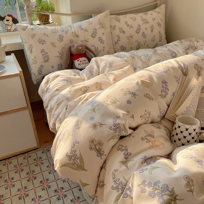 91家纺网 家纺一手货源 找家纺 慕澄家纺 2026新款双层纱针织棉蕾丝花边四件套 花环小兔