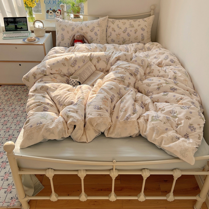 91家纺网 家纺一手货源 找家纺 慕澄家纺 2026新款双层纱针织棉蕾丝花边四件套 花环小兔