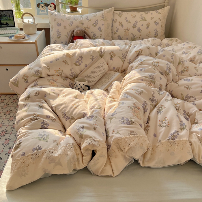 91家纺网 家纺一手货源 找家纺 慕澄家纺 2026新款双层纱针织棉蕾丝花边四件套 花环小兔