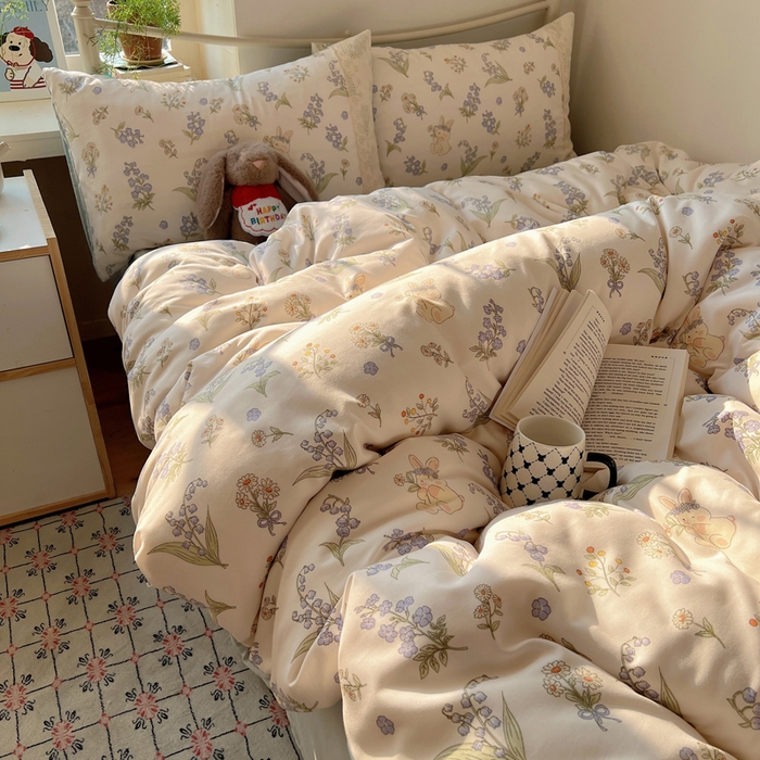 91家纺网 家纺一手货源 找家纺 慕澄家纺 2026新款双层纱针织棉蕾丝花边四件套 花环小兔