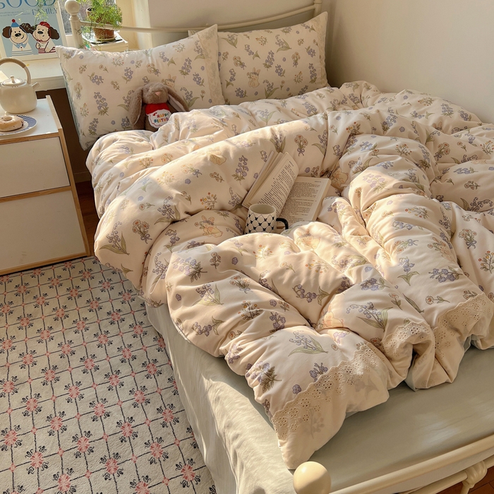 91家纺网 家纺一手货源 找家纺 慕澄家纺 2026新款双层纱针织棉蕾丝花边四件套 花环小兔