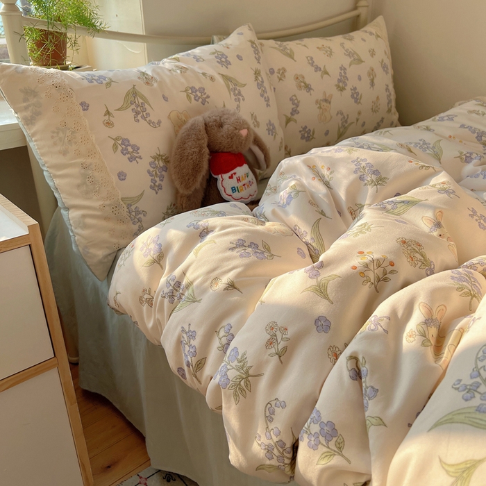 91家纺网 家纺一手货源 找家纺 慕澄家纺 2026新款双层纱针织棉蕾丝花边四件套 花环小兔