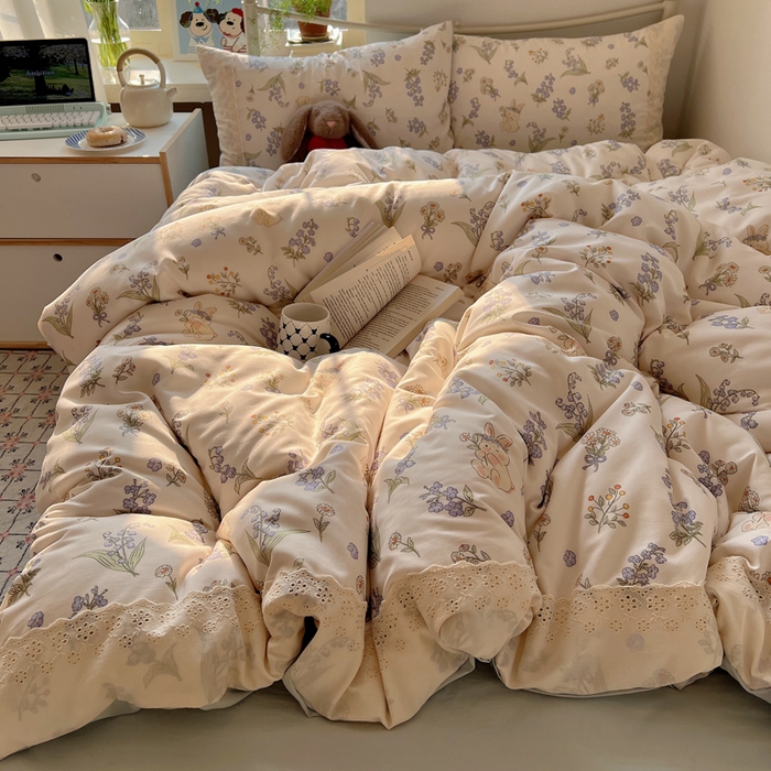 91家纺网 家纺一手货源 找家纺 慕澄家纺 2026新款双层纱针织棉蕾丝花边四件套 花环小兔