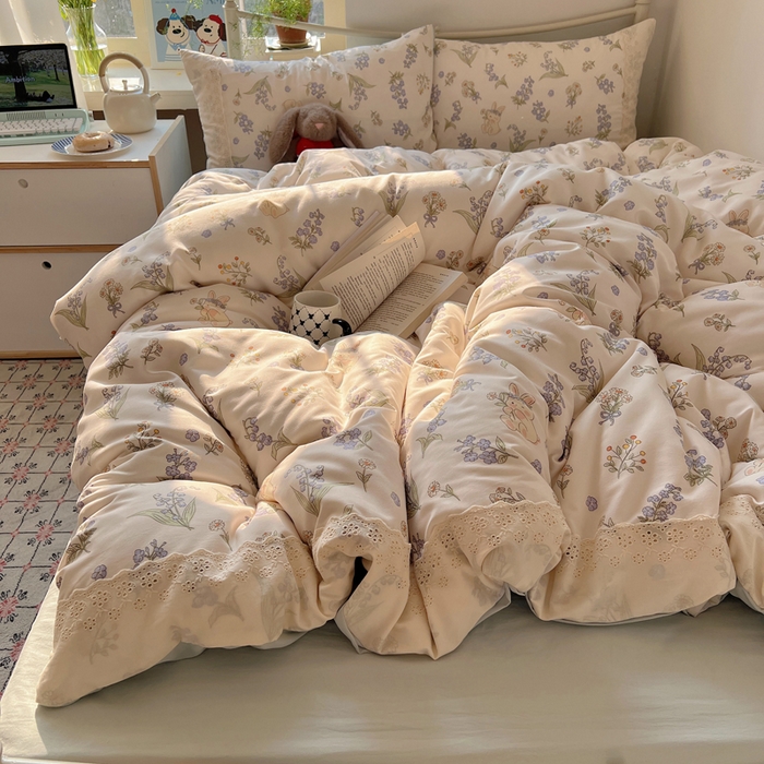 91家纺网 家纺一手货源 找家纺 慕澄家纺 2026新款双层纱针织棉蕾丝花边四件套 花环小兔